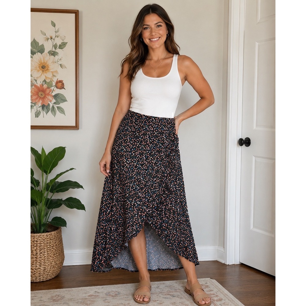 Womens Ditsy Floral Butterfly High Low Tulip Midi Skirt‎ Black Multi
